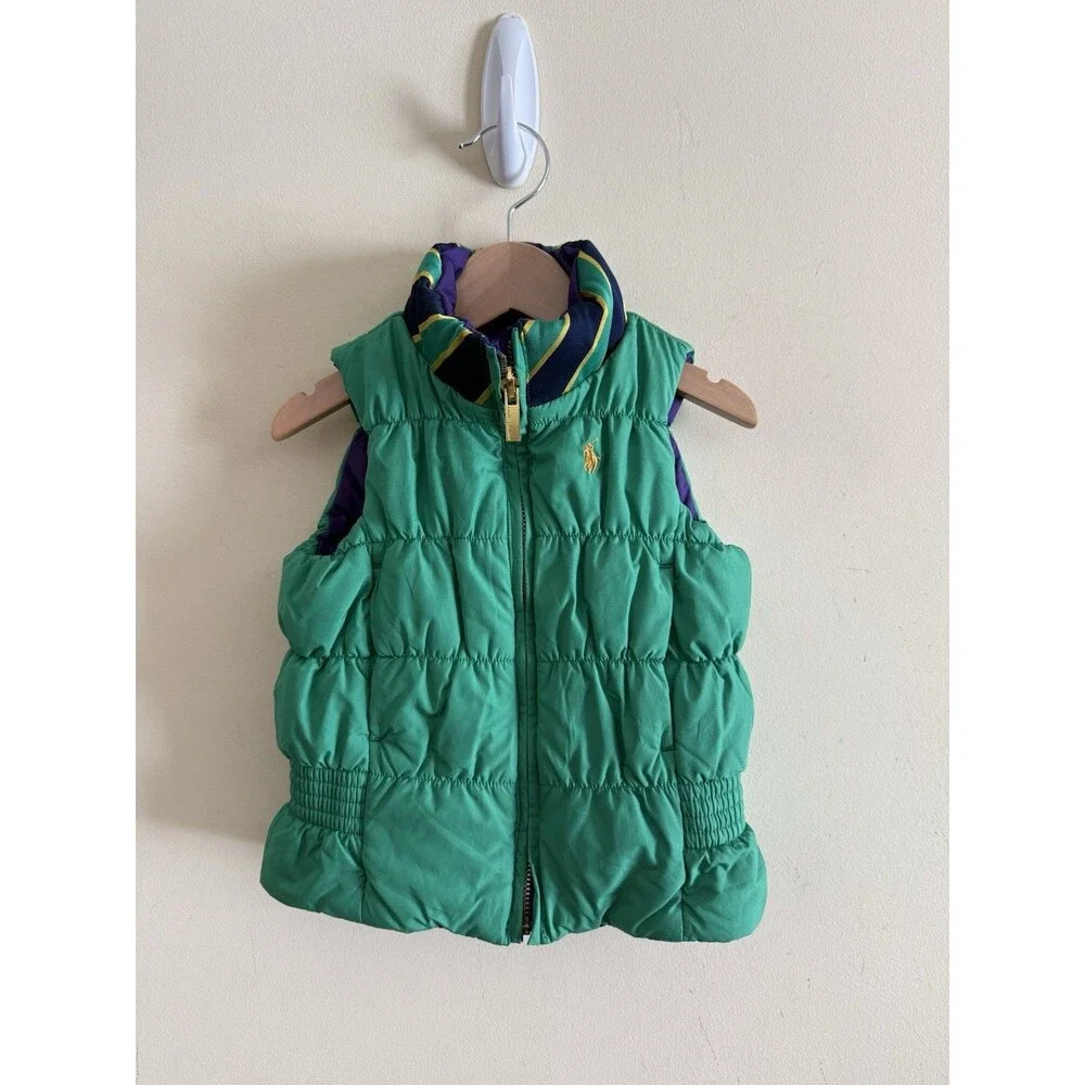 Ralph Lauren Little Girls Purple Green Reversible Down Puffer Vest‎ Size 2/2T
